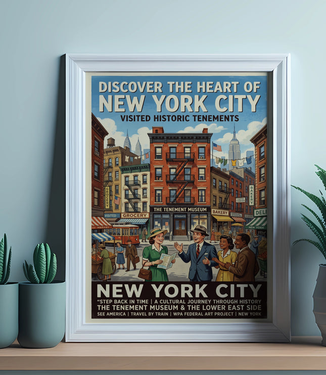 New York City poster depicting people and tenements, with "Discover the Heart of New York City" text.