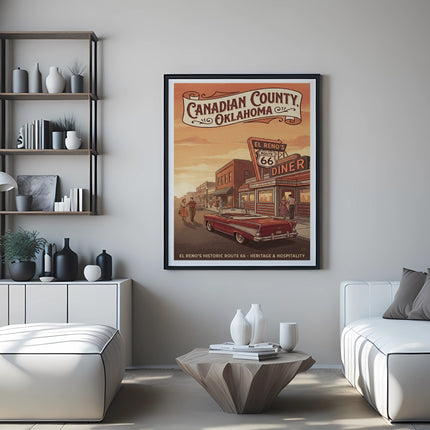 Canadian County Oklahoma Route 66 Diner poster with vintage car and couple.