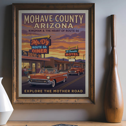 Mohave County Arizona Route 66 diner and motel vintage travel poster.