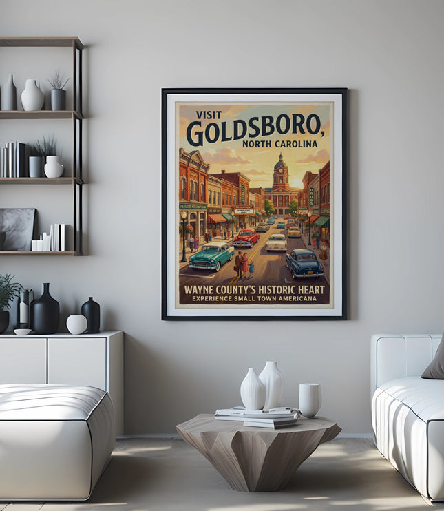 Vintage travel poster featuring Goldsboro, North Carolina with downtown buildings and cars.