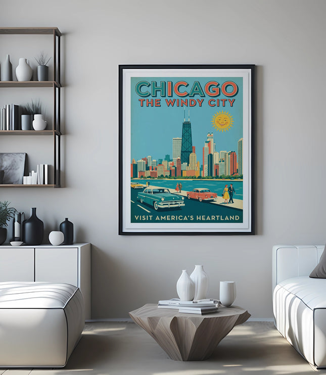 "Chicago The Windy City" vintage travel poster with skyline, sun, and cars.