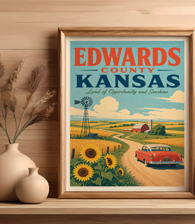 Vintage poster for Edwards County, Kansas, featuring a red car, sunflowers, and a farm.