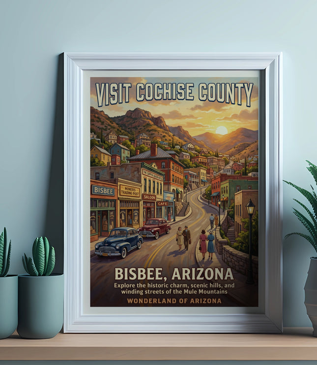 Vintage poster of Bisbee, Arizona, showing historic buildings, vintage cars, and mountains at sunset.