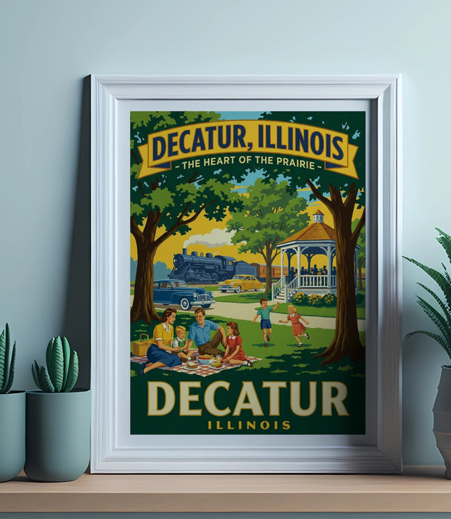 Framed "Decatur, Illinois - The Heart of the Prairie" art depicting a family picnic.