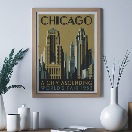 Chicago World's Fair 1933 poster with city skyline in vintage style.
