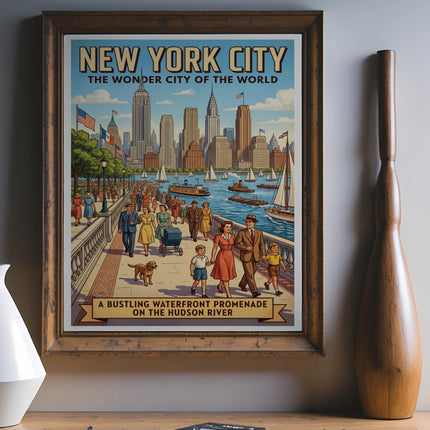 New York City "The Wonder City" poster with Hudson River promenade scene.