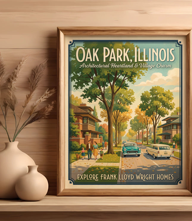 Oak Park, Illinois poster with vintage cars and Frank Lloyd Wright homes.