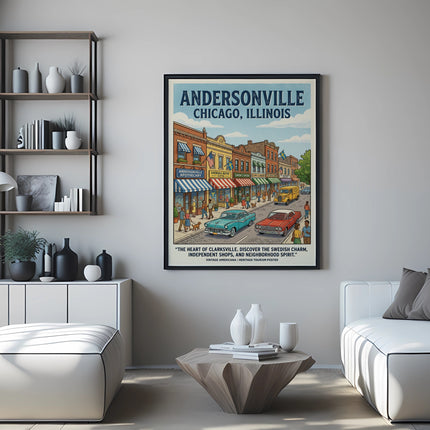 Andersonville Chicago, Illinois tour poster with vintage street scene and text.