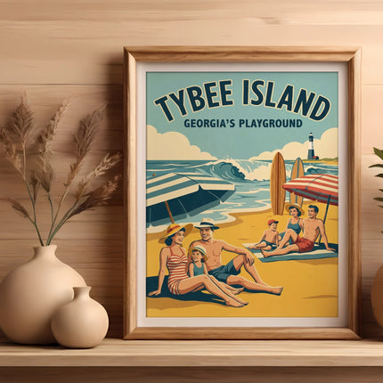 Beach scene with family and "Tybee Island Georgia's Playground" text.