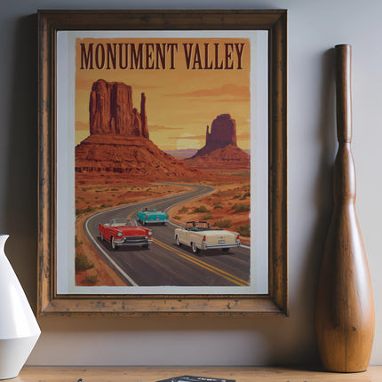 Monument Valley poster with vintage cars driving on a desert road at sunset.