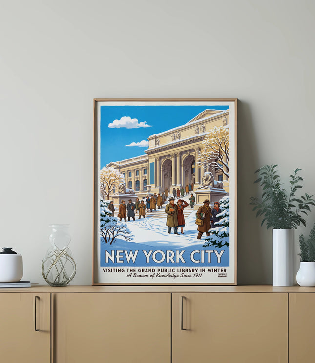New York City poster depicting the Grand Public Library in winter.