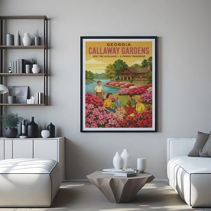 Georgia Callaway Gardens vintage travel poster with families in a field of pink azaleas.