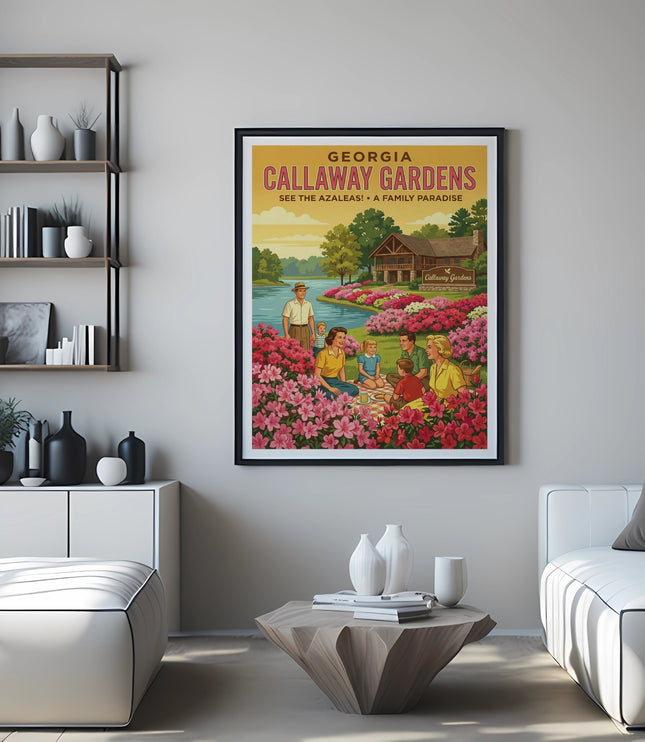 Georgia Callaway Gardens vintage travel poster with families in a field of pink azaleas.