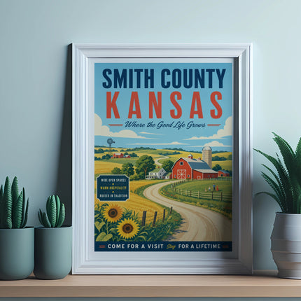 Smith County, Kansas poster with farm scene and travel slogan.