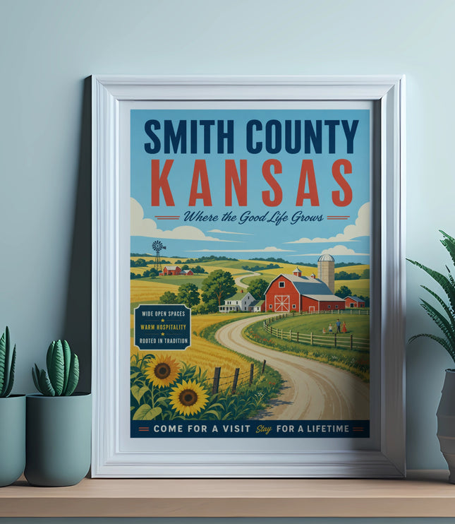 Smith County, Kansas poster with farm scene and travel slogan.