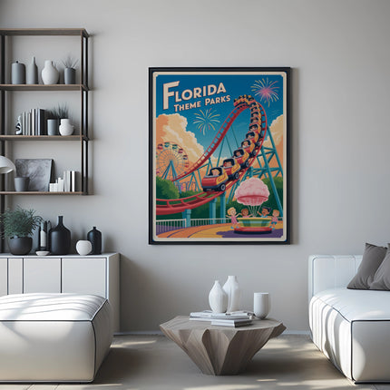 Retro Florida theme park poster featuring a roller coaster and Ferris wheel.