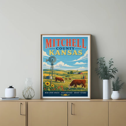 Vintage Mitchell County Kansas poster with windmill, cows, and text.