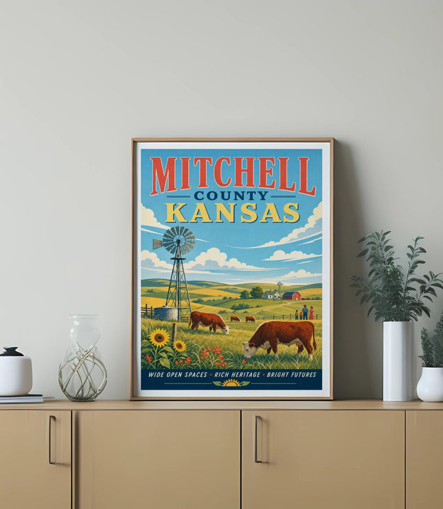 Vintage Mitchell County Kansas poster with windmill, cows, and text.