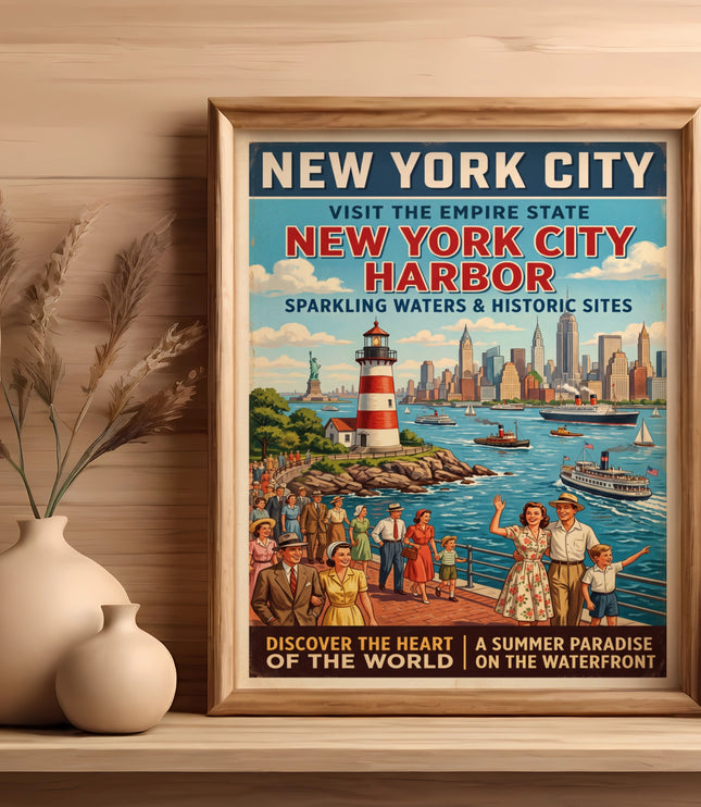 New York City Harbor vintage travel poster with skyline and people.