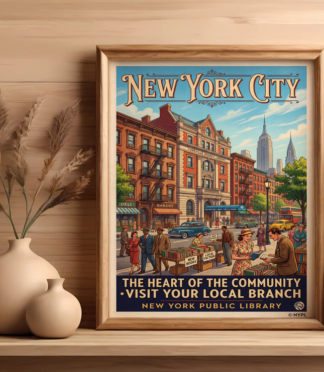 New York City poster promoting library visit with street scene and buildings.