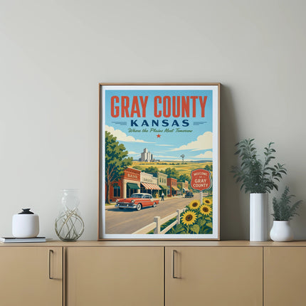 Gray County Kansas poster featuring a vintage car and small-town scene.