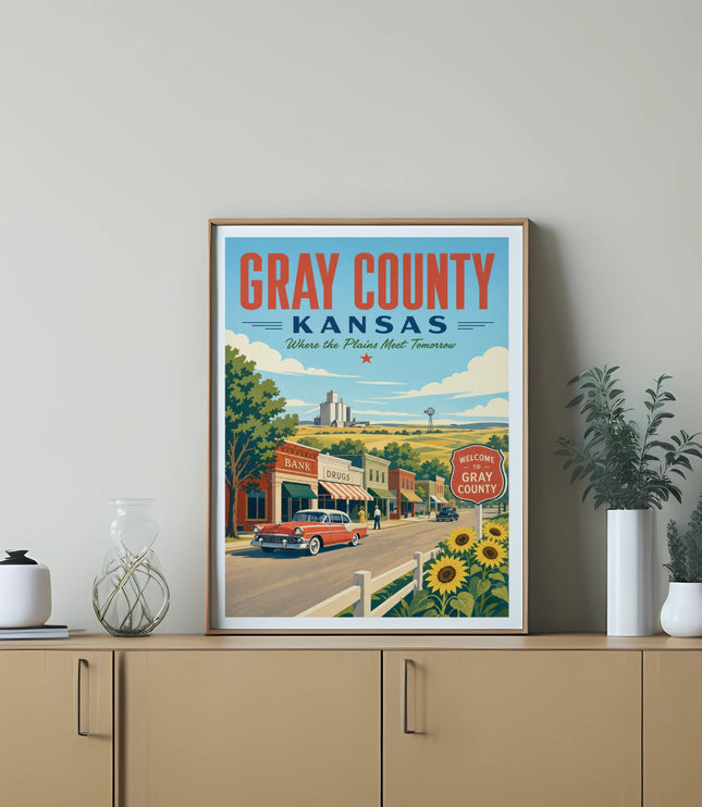 Gray County Kansas poster featuring a vintage car and small-town scene.