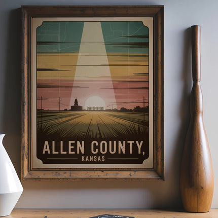 Allen County vintage travel poster with sun rising over a field.