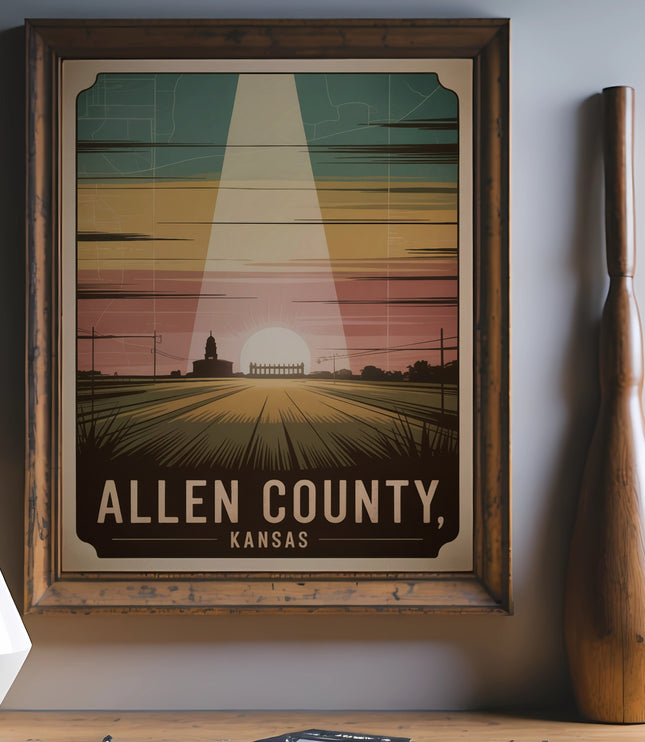 Allen County vintage travel poster with sun rising over a field.