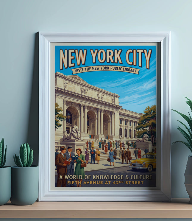 New York City Public Library poster with vintage illustration, shows people and a yellow taxi.