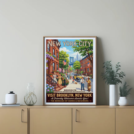 New York City poster with Brooklyn brownstone street scene and text.