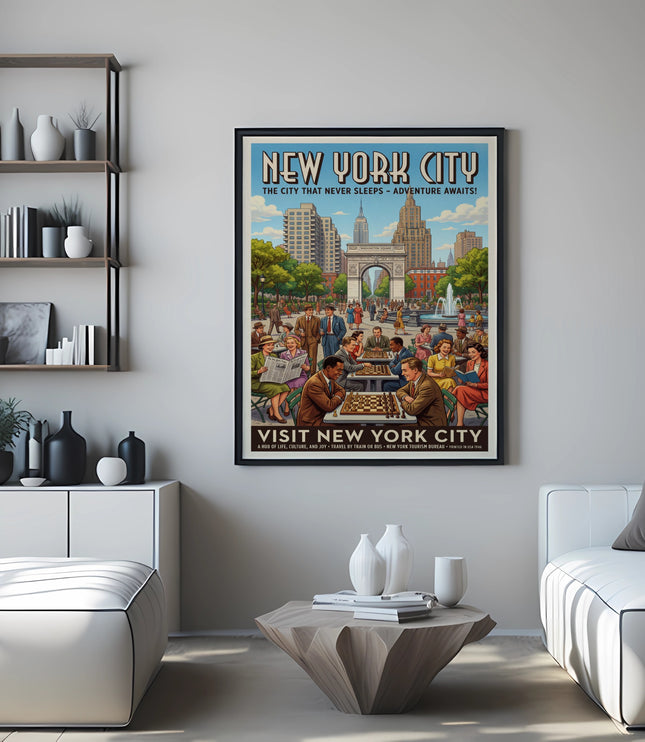 "New York City" vintage travel poster featuring Washington Square Park and residents playing chess.