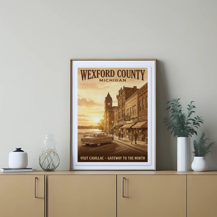 Wexford County Michigan poster shows Cadillac street scene with classic car and lake.