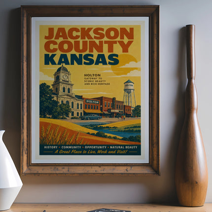 Vintage travel poster for Holton, Jackson County, Kansas, highlighting history and natural beauty.