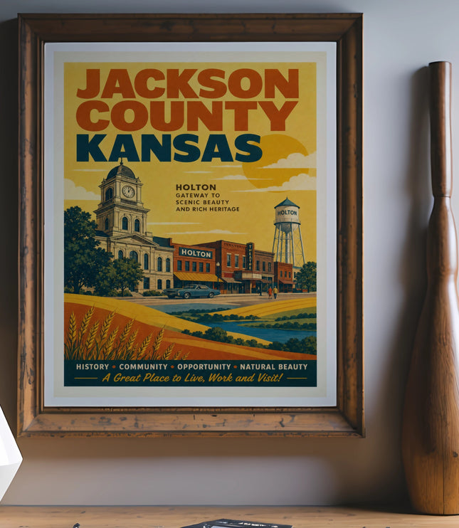 Vintage travel poster for Holton, Jackson County, Kansas, highlighting history and natural beauty.