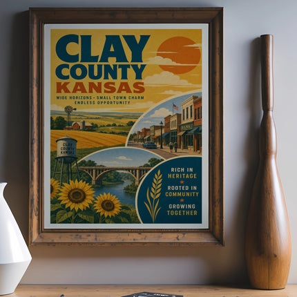 Clay County Kansas vintage travel poster with sunflowers and rural scenes.