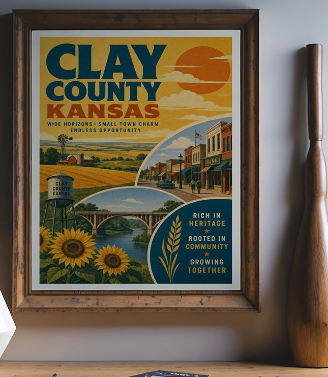 Clay County Kansas vintage travel poster with sunflowers and rural scenes.