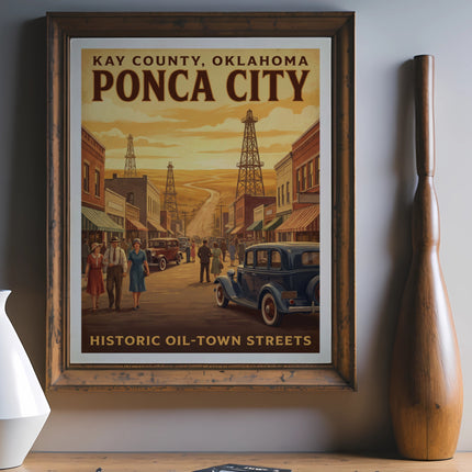 Vintage poster of Ponca City, Kay County, Oklahoma, with oil derricks and historic streets.
