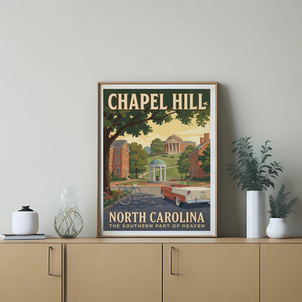 Chapel Hill North Carolina poster with rotunda, vintage car, and bicycles.