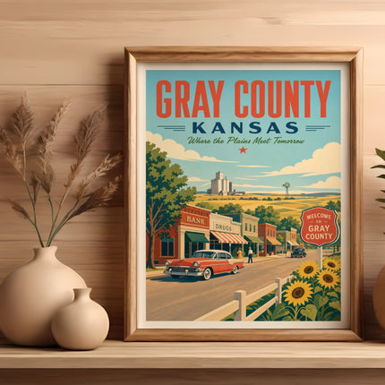 Vintage Gray County, Kansas travel poster with a classic car and sunflowers.