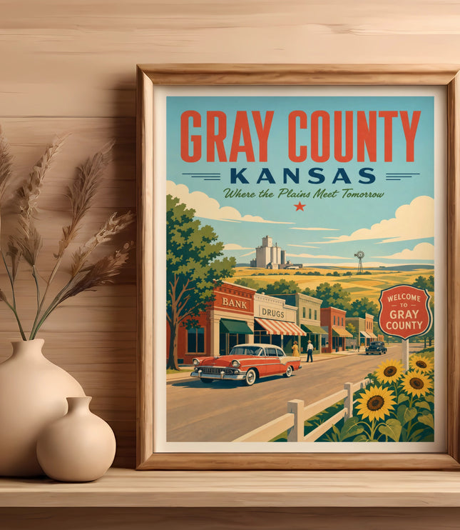 Vintage Gray County, Kansas travel poster with a classic car and sunflowers.