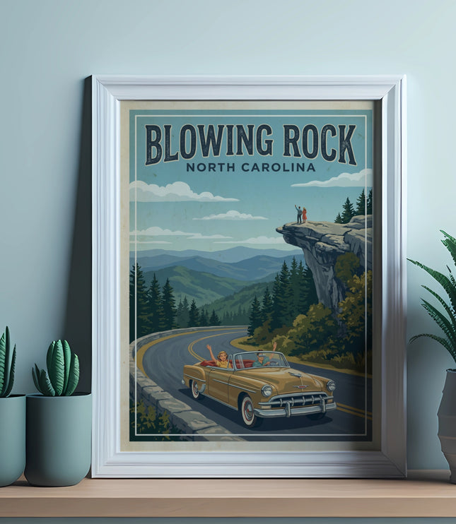 Blowing Rock, North Carolina vintage travel poster with convertible car on scenic drive.