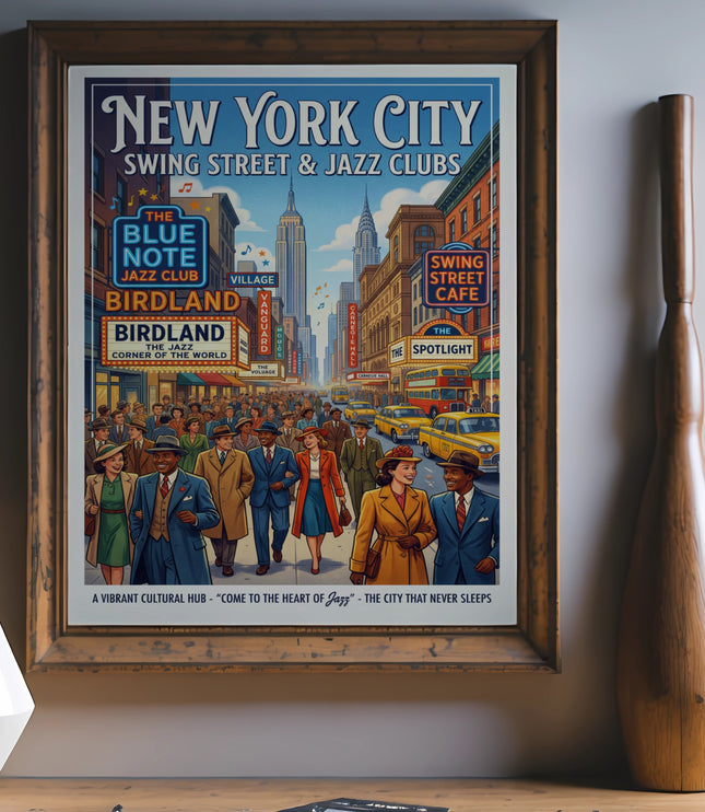 New York City Swing Street & Jazz Clubs vintage poster with jazz clubs and city buildings.