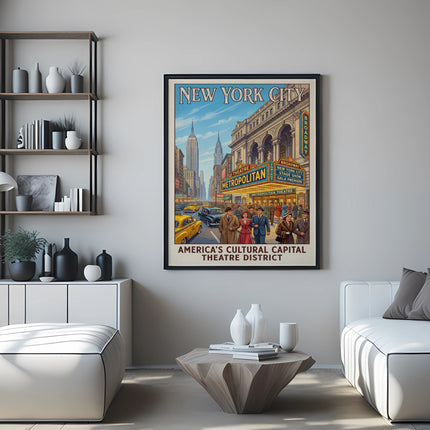 New York City Metropolitan Theatre Broadway poster showing theater and street scene.