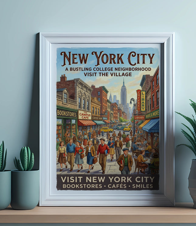 New York City vintage poster featuring bustling street, shops, and text.