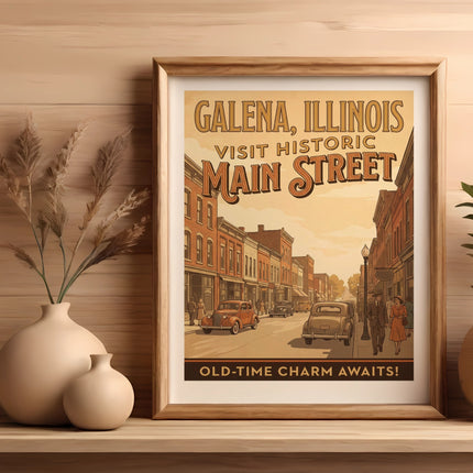 Framed vintage poster advertising historic Main Street Galena, Illinois.