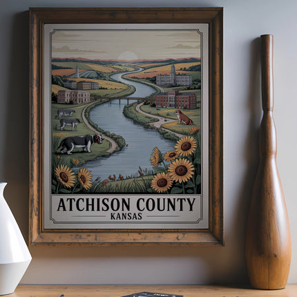 Atchison County Kansas illustration with river, buildings, sunflowers, and dogs.