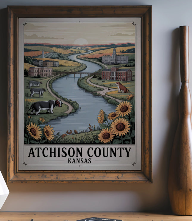 Atchison County Kansas illustration with river, buildings, sunflowers, and dogs.