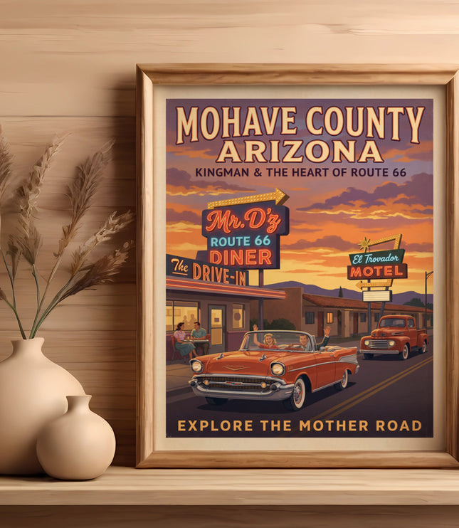 Mohave County Arizona, Route 66, Mr. D'z Diner, El Trovador Motel, classic cars.