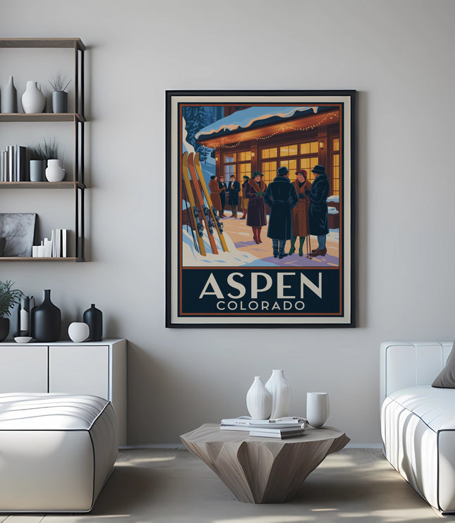 Aspen Colorado travel poster featuring skiers and building in warm colors.