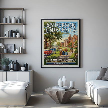 Anderson University South Carolina vintage travel poster with campus scene.